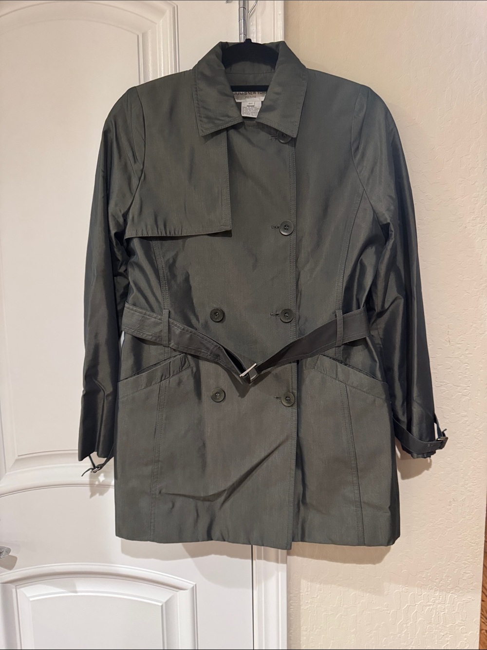Jones New York Olive Green Double-Breasted Trench Coat